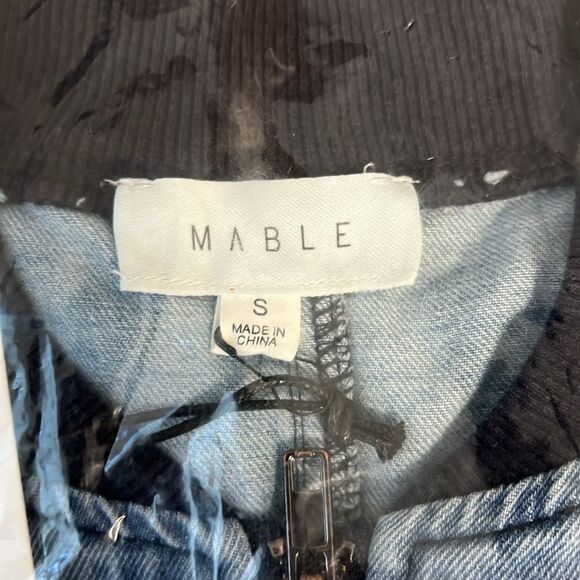 Anthropologie x Mable cropped varsity denim jacket faux leather sleeves  Small - Picture 3 of 6